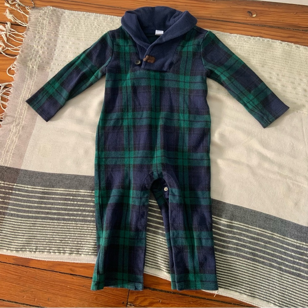 Janie and Jack Green and Navy Plaid Hooded Footless One-Piece